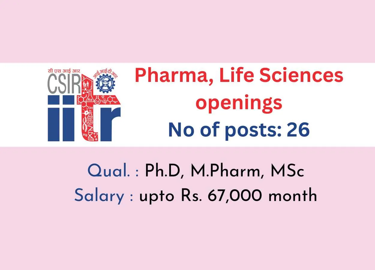 Openings for Ph.D, M.Pharm, MSc as Project Staff at IITR