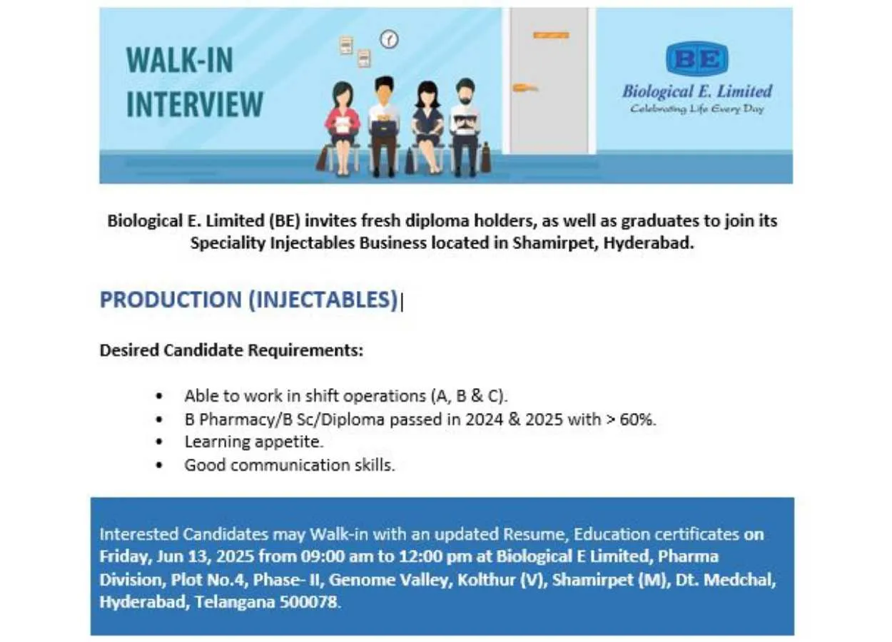 Biological E. LTD. invites applications from fresher B.Pharm, BSc, Diploma in Production