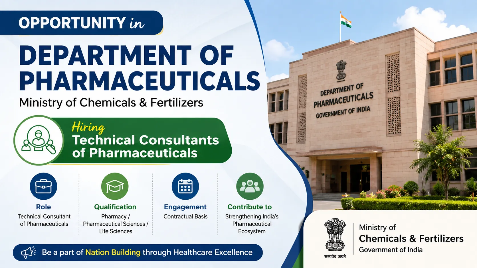 Opportunity in Department of Pharmaceuticals, Ministry of Chemicals | Hiring Technical Consultants of Pharmaceuticals