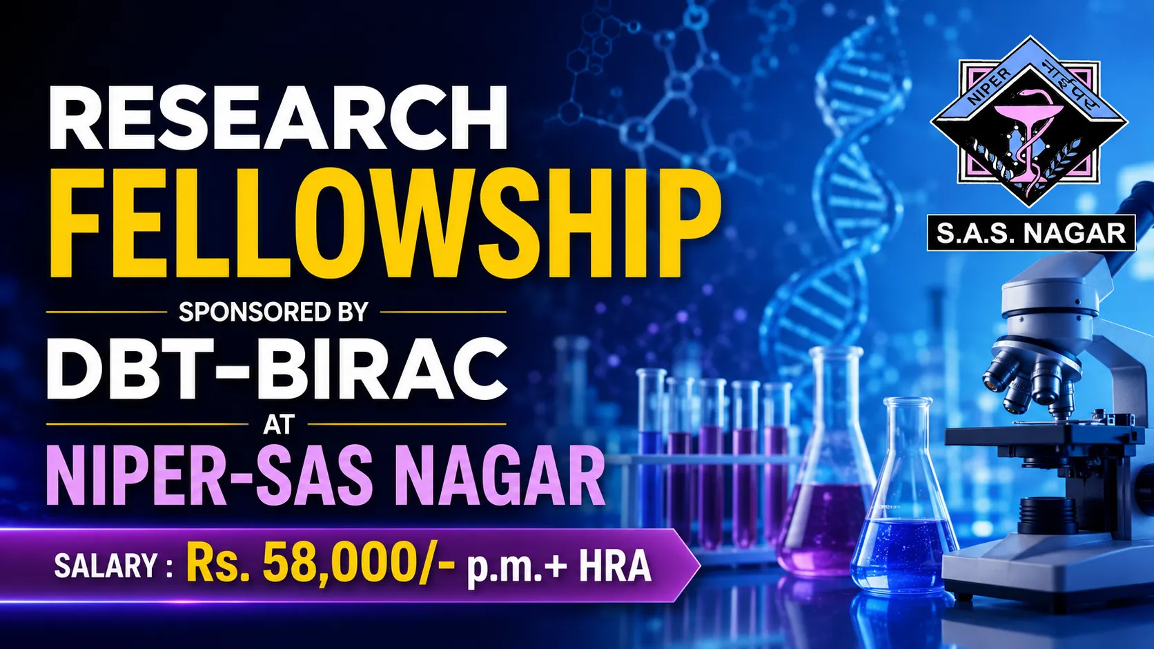 Research Fellowship sponsored by DBT-BIRAC at NIPER-SAS Nagar