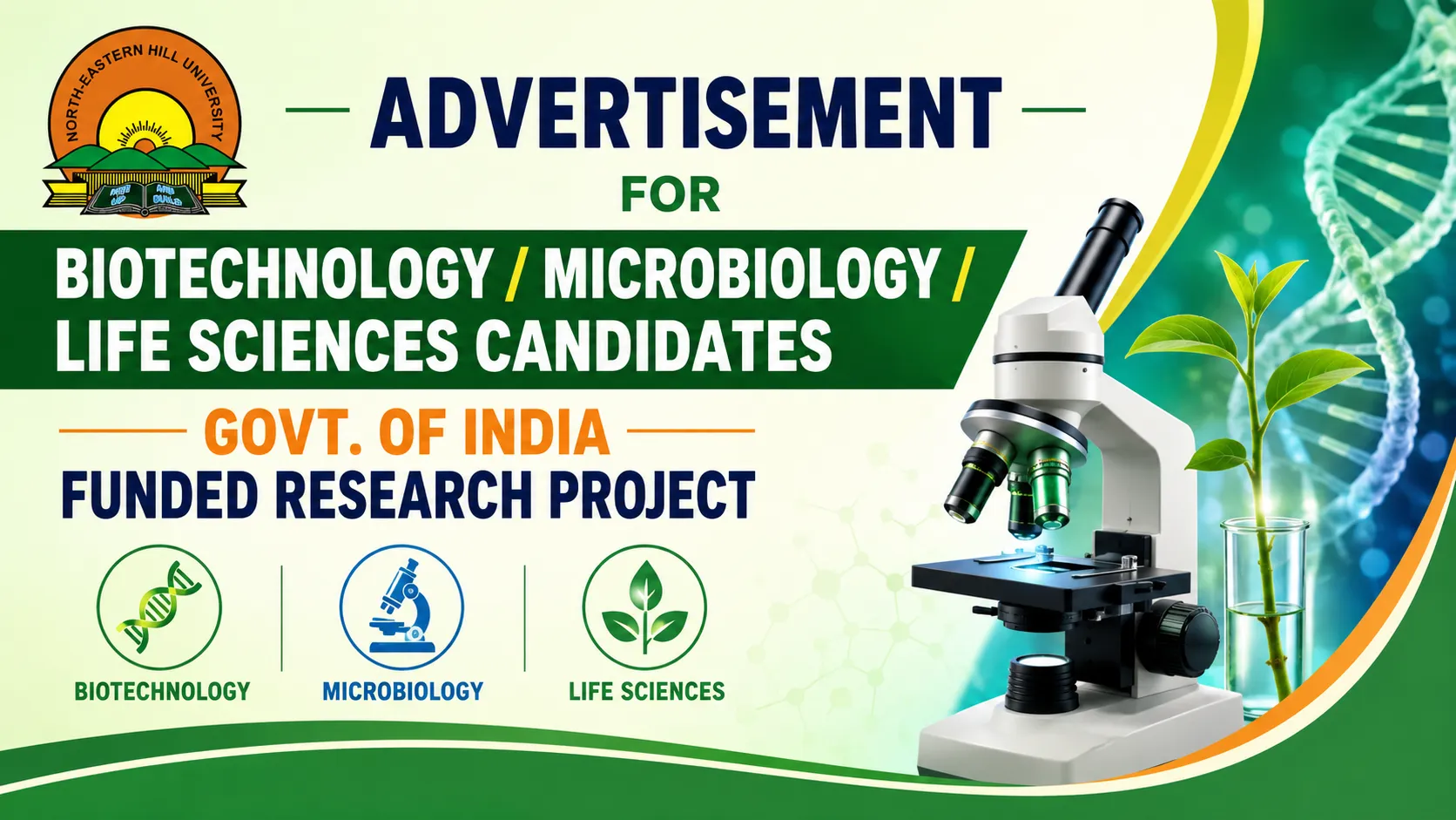 Advertisement for Biotechnology / Microbiology / Life Sciences candidates at North-Eastern Hill University