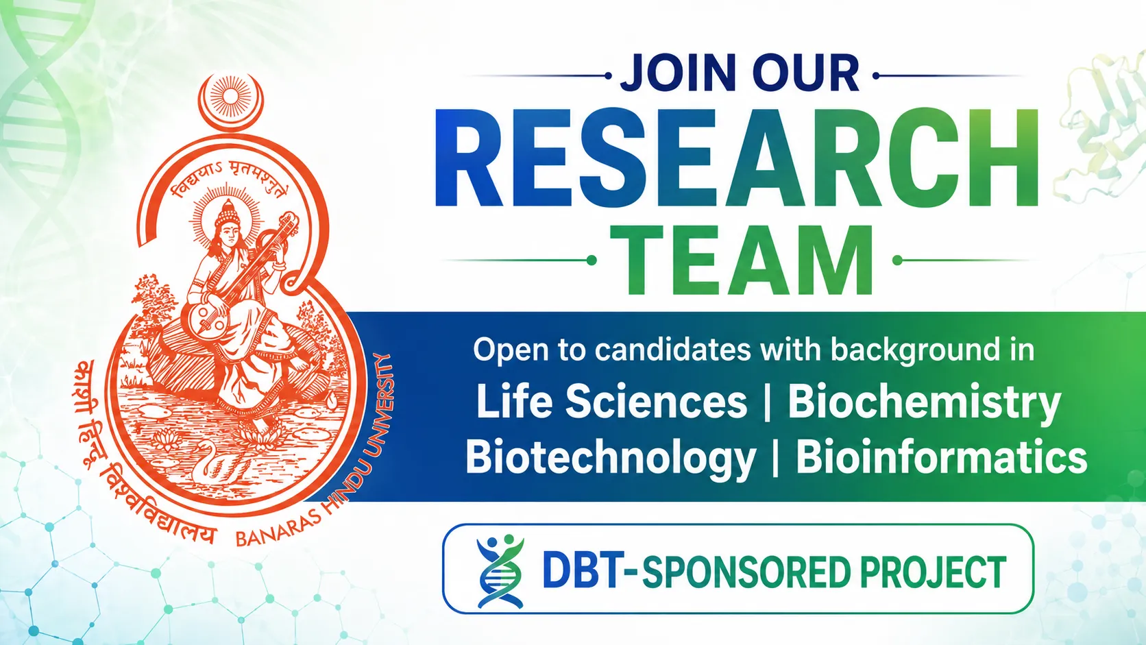 Advertisement for Life Sciences, Biochemistry, Biotechnology, Bioinformatics candidates at Banaras Hindu University