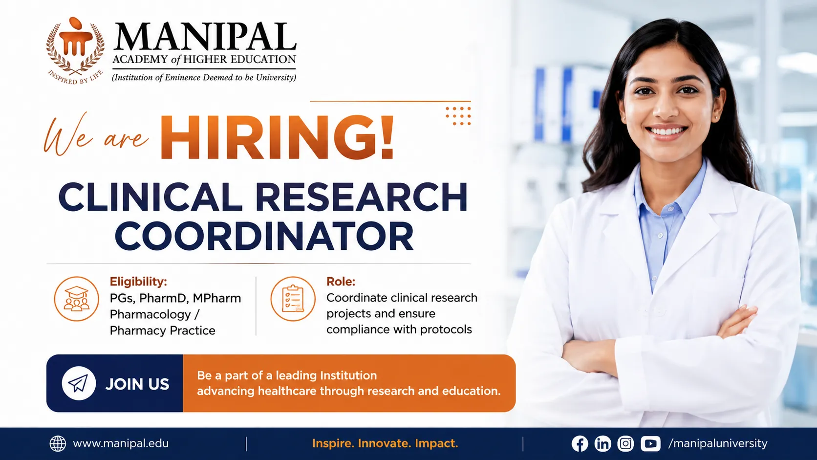 Manipal Academy of Higher Education hiring for Clinical Research Coordinator