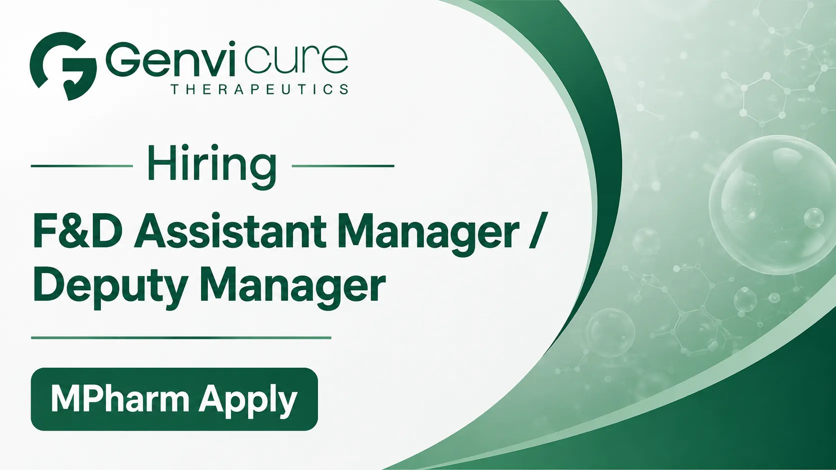 Genvicure Hiring F&D Assistant Manager / Deputy Manager
