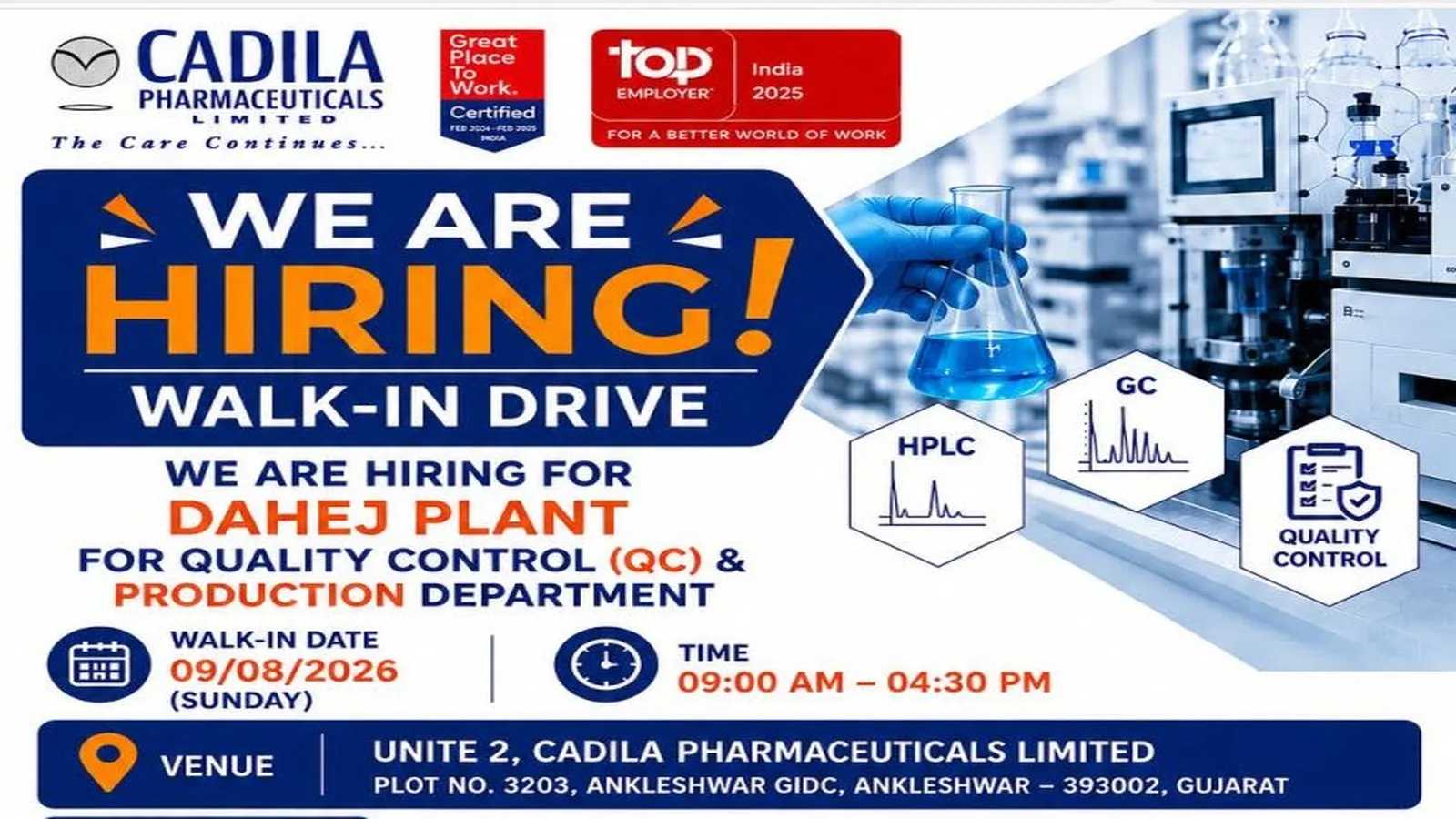 Hiring for Quality Control and Production Department at Cadila Pharmaceuticals
