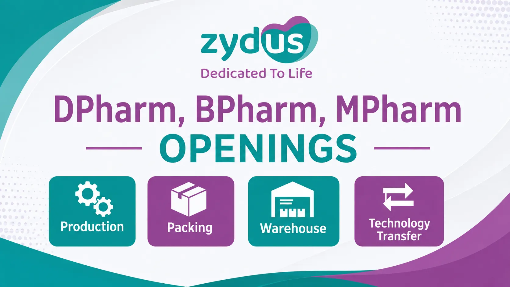 Openings in Production, Packing, Warehouse, Technology Transfer at Zydus Lifesciences