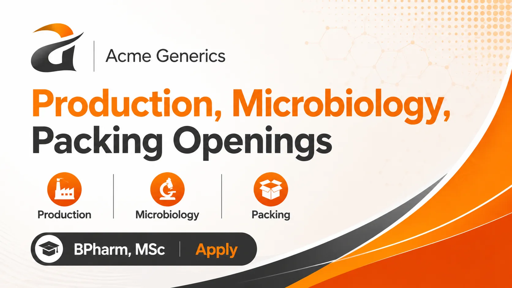 Production, Microbiology, Packing Openings at Acme Generics Pvt. Ltd