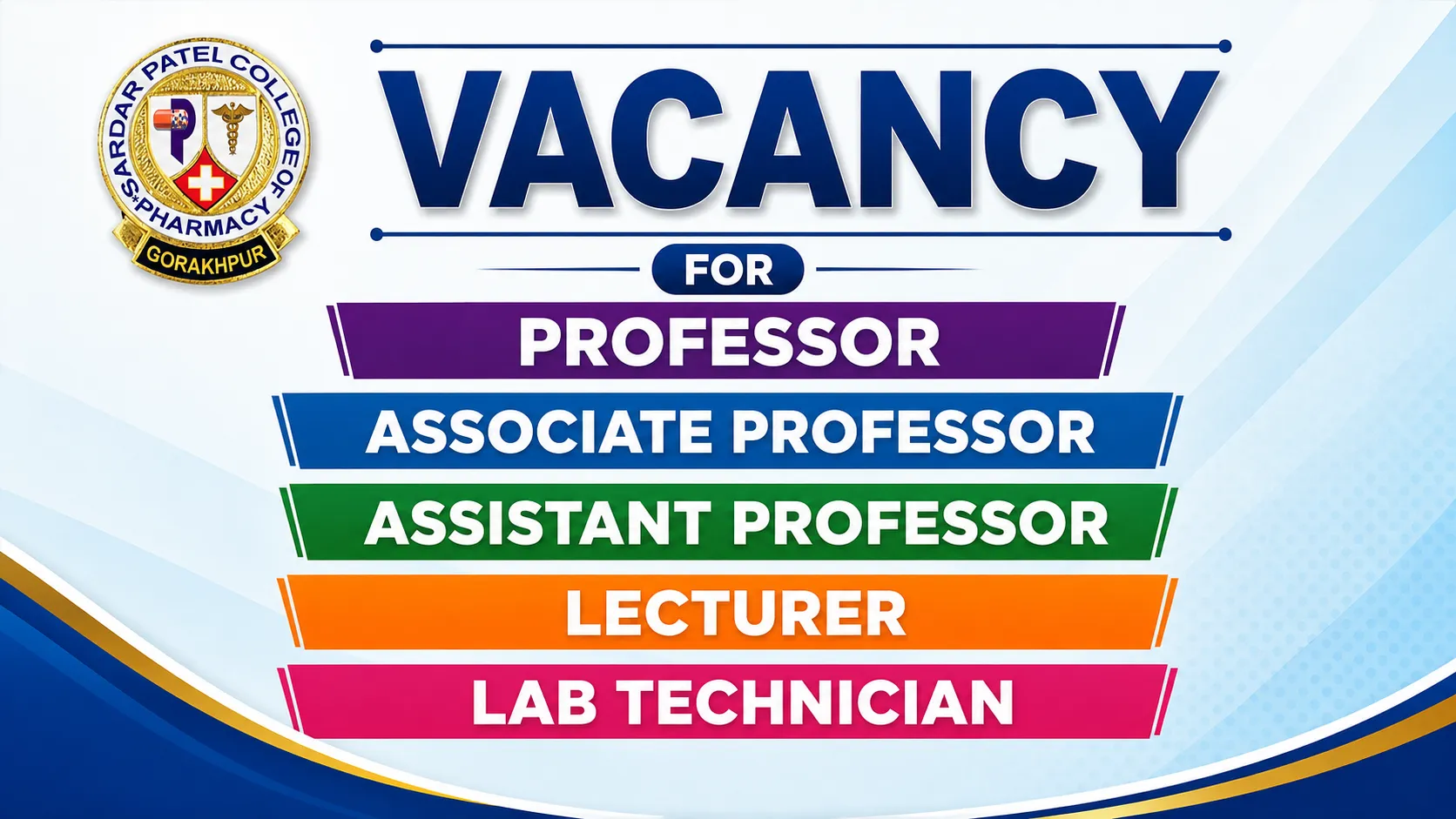 Vacancy for Professor, Associate Professor, Assistant Professor, Lecturer and Lab Technician in Sardar Patel College of Pharmacy