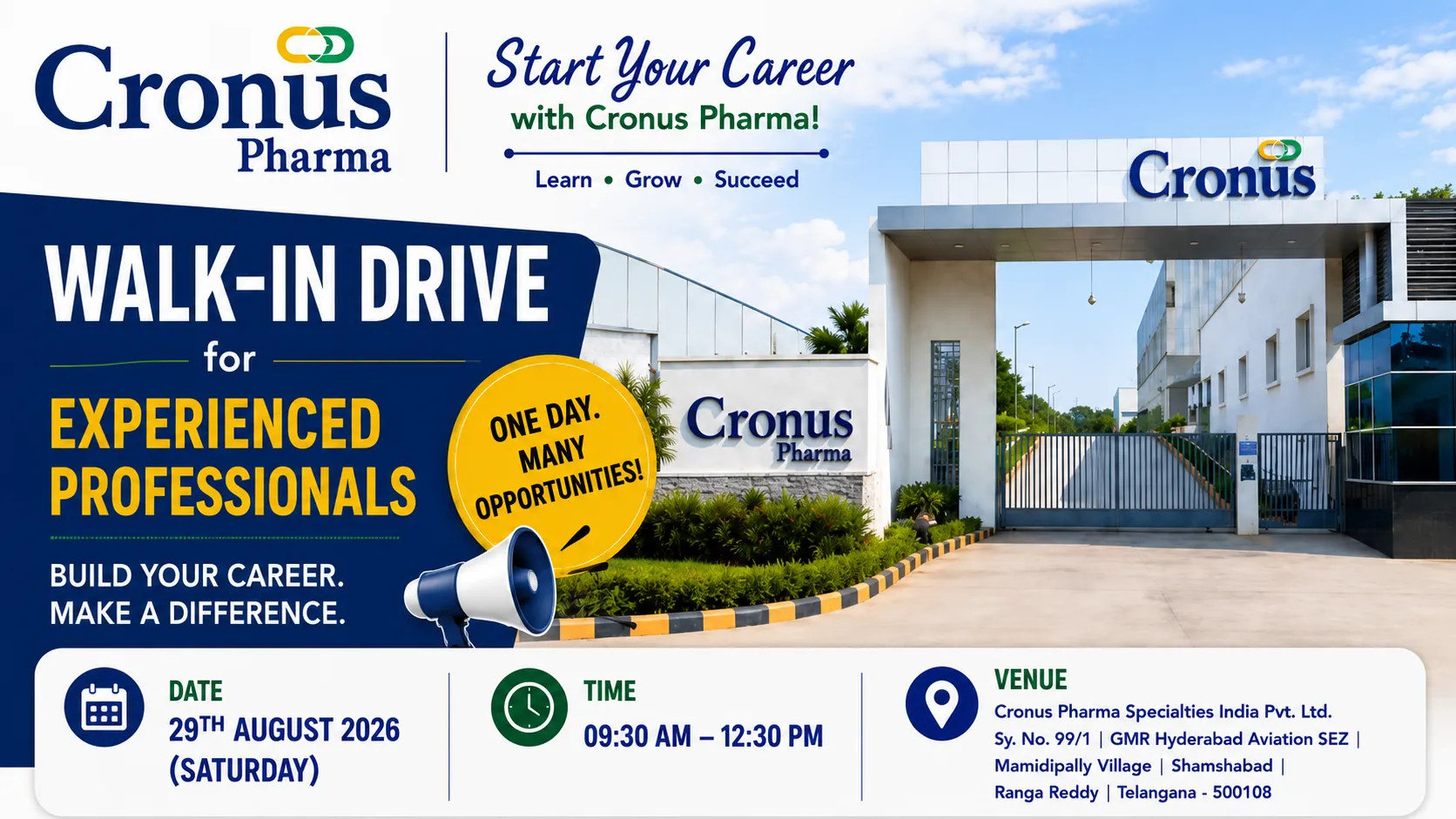 Walk In Drive for Experienced Professionals in Production, QA, QC at Cronus Pharma