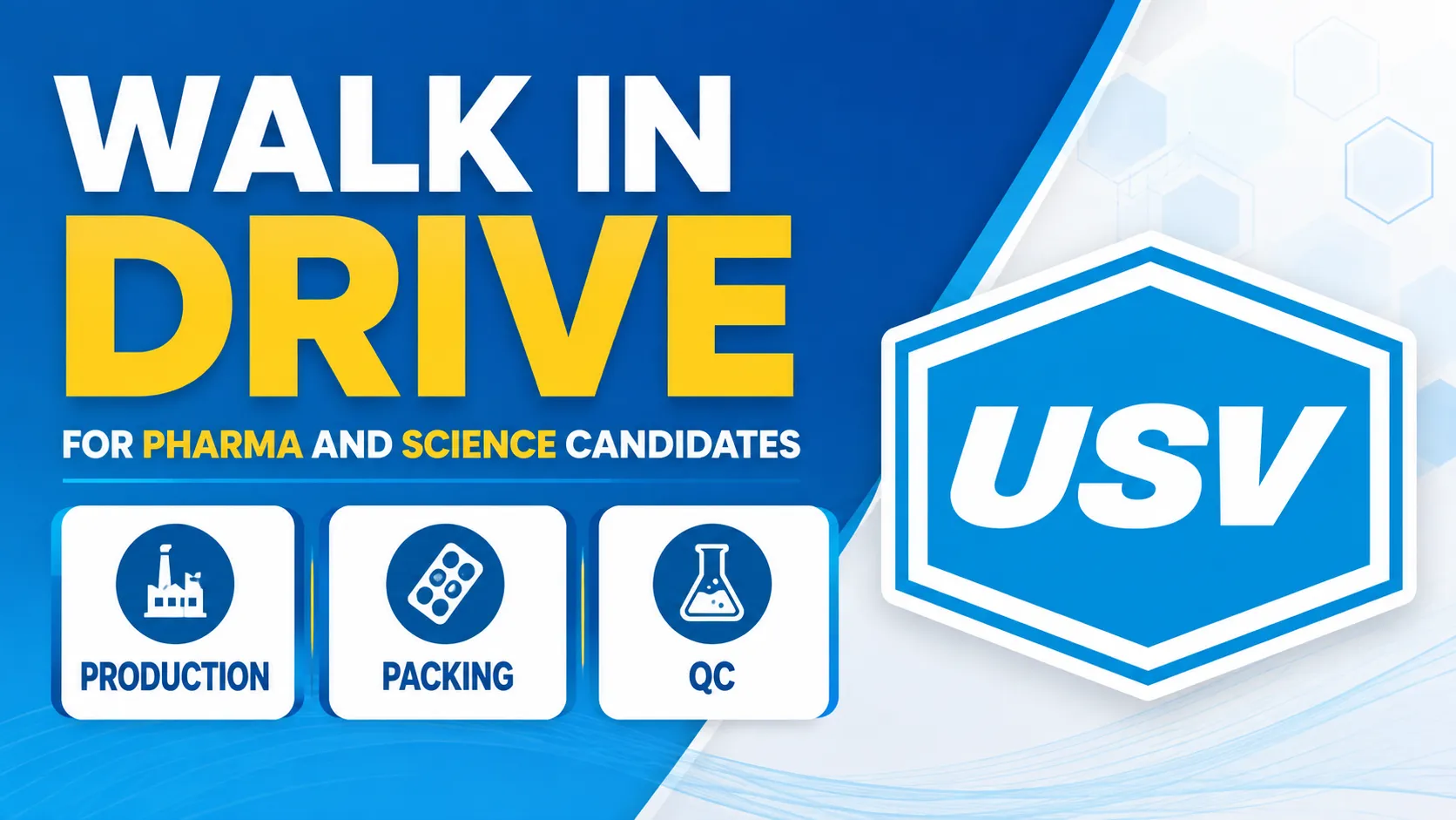 Walk In Drive for Pharma and Science candidates in Production, Packing, QC at USV Private Limited
