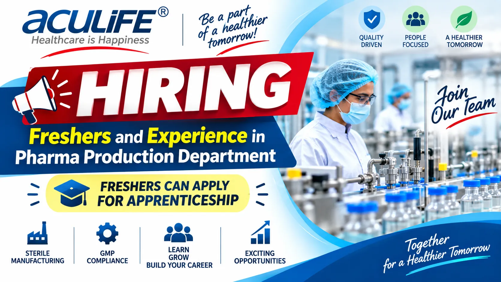 Aculife Healthcare hiring Freshers and Experience in Production department