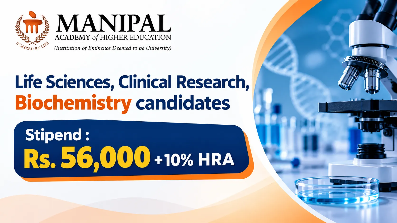 Advertisement for Life Sciences, Clinical Research, Biochemistry candidates at MAHE