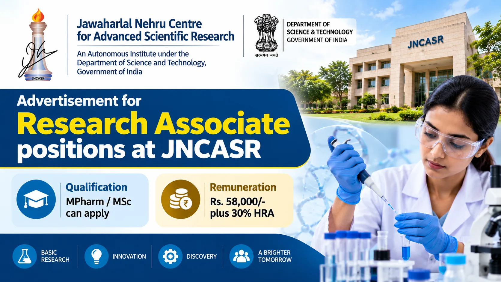 Advertisement for Research Associate positions at JNCASR under the Department of Science and Technology - MPharm / MSc can apply
