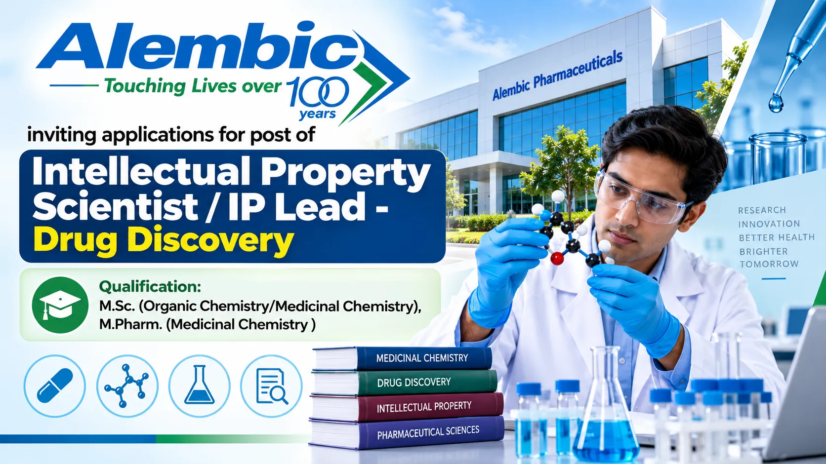 Alembic Pharmaceuticals inviting applications for post of Intellectual Property Scientist / IP Lead - Drug Discovery