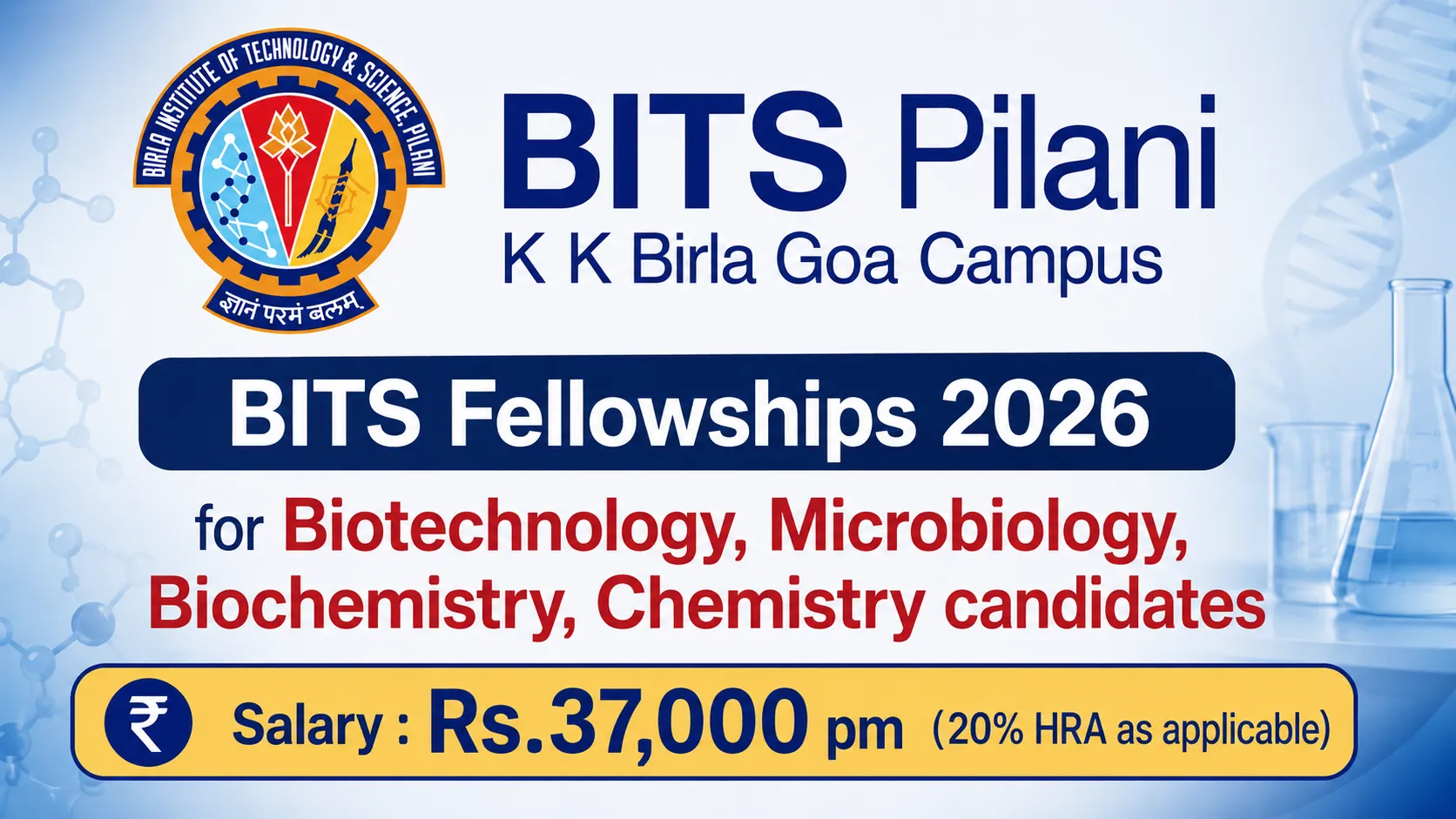 BITS Pilani Fellowships 2026 for Biotechnology, Microbiology, Biochemistry, Chemistry candidates