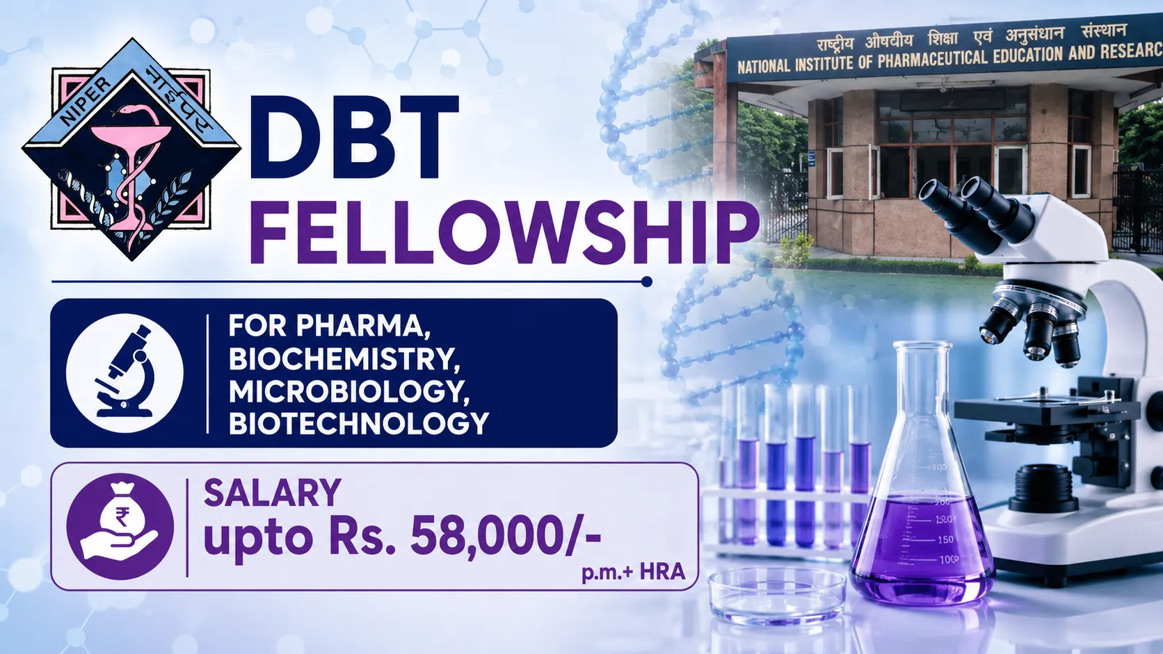 DBT Fellowship for Pharma, Biochemistry, Microbiology, Biotechnology at NIPER