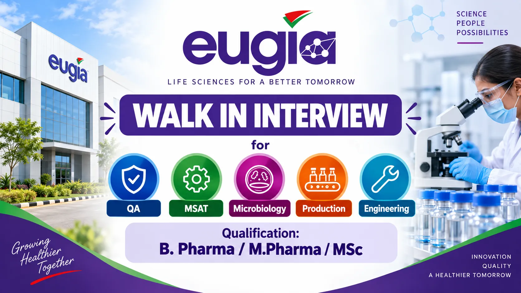 Eugia Pharma walk in for QA, MSAT, Microbiology, Production, Engineering departments