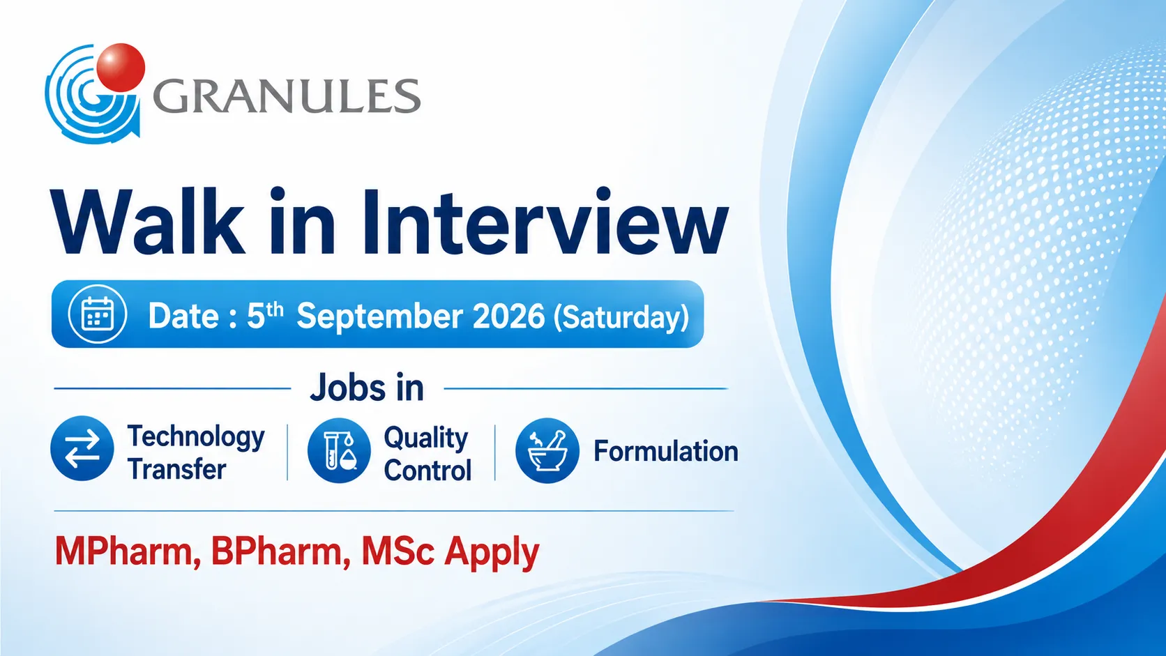 Granules India Interview - Jobs in Technology Transfer, Quality Control, Formulation