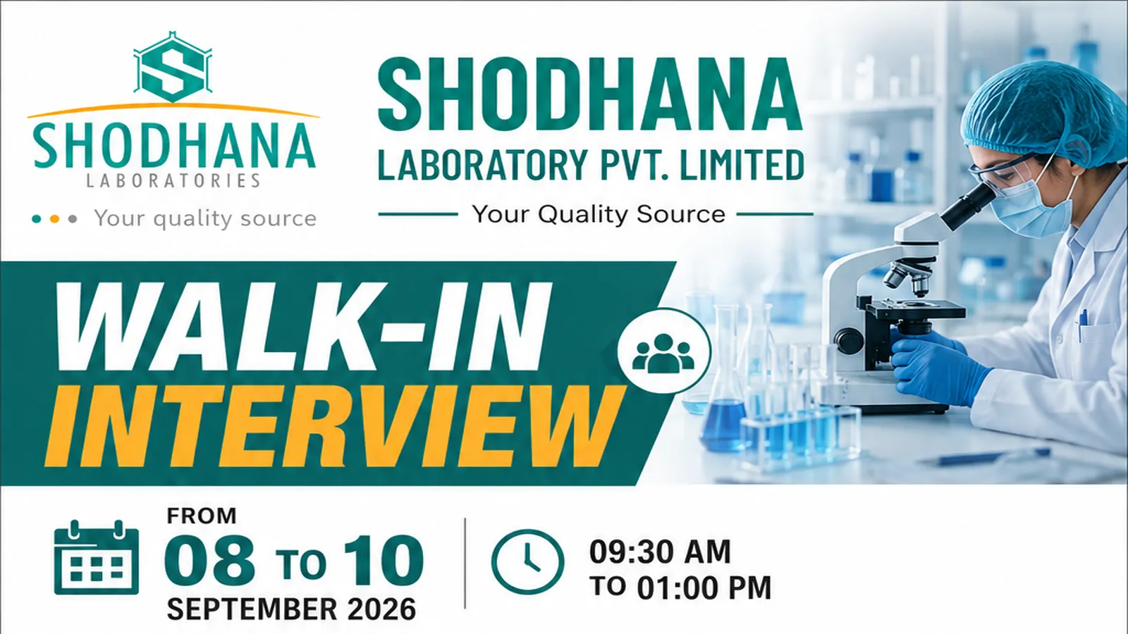 Interviews for QA, QC, Production, AR&D and R&D Departments at Shodhana Lab