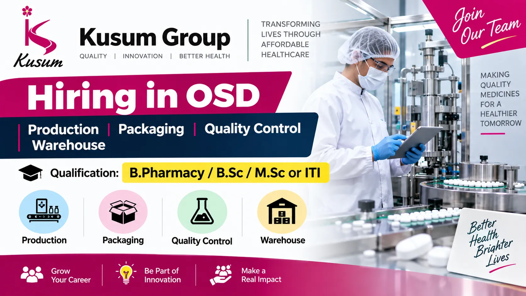 Kusum Groups hiring in OSD - Production, Packaging, Quality Control, Warehouse