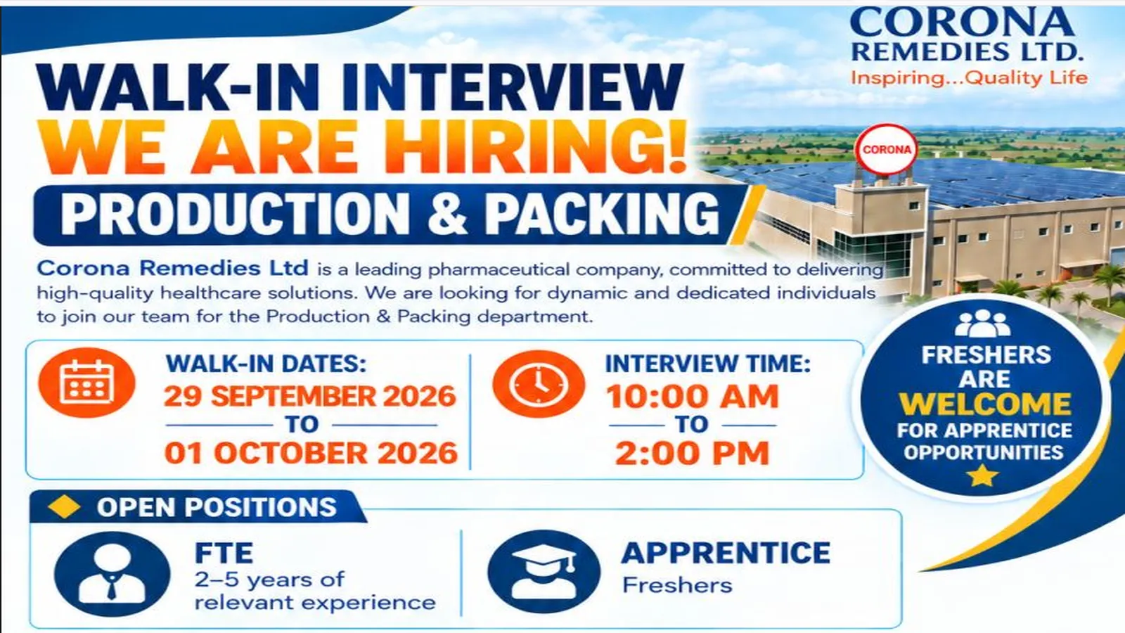 Production and Packing Jobs at CORONA Remedies