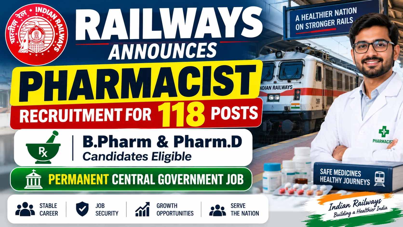 Railways Announces Pharmacist Recruitment for 118 Posts - B.Pharm & Pharm.D Candidates Eligible