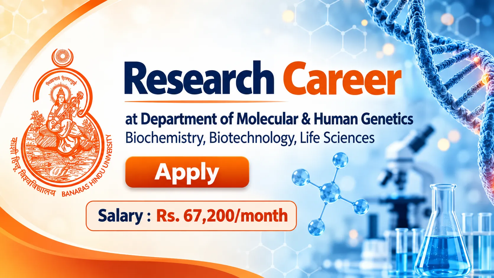 Research Career at Department of Molecular & Human Genetics, BHU | Biochemistry, Biotechnology, Life Sciences Apply