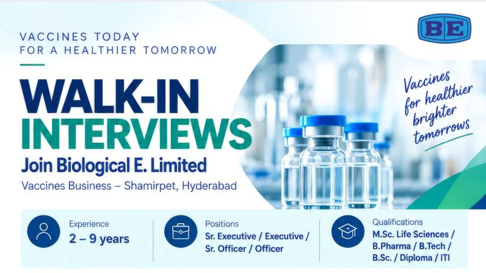 Walk In Drive for Pharma and Science candidates in Biological E - Roles in Production, QC, QA