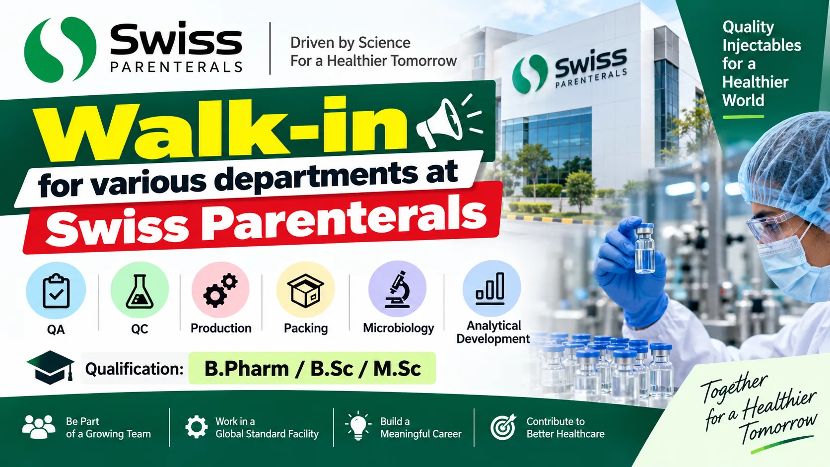 Walk in for various departments at Swiss Parenterals | Openings in QA, QC, Production, Packing, Microbiology, Analytical Development