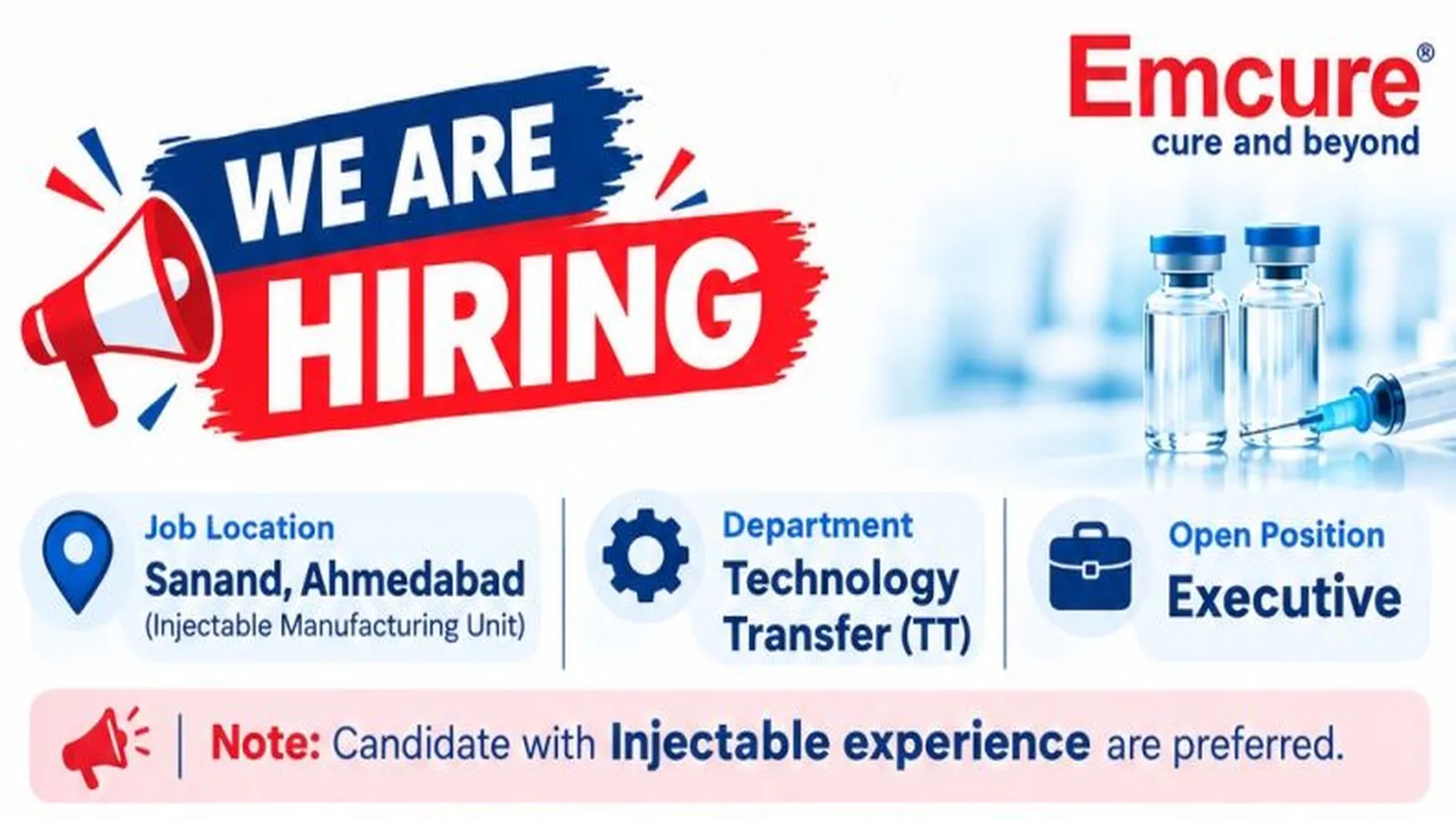 Wanted Technology Transfer Executive at Emcure