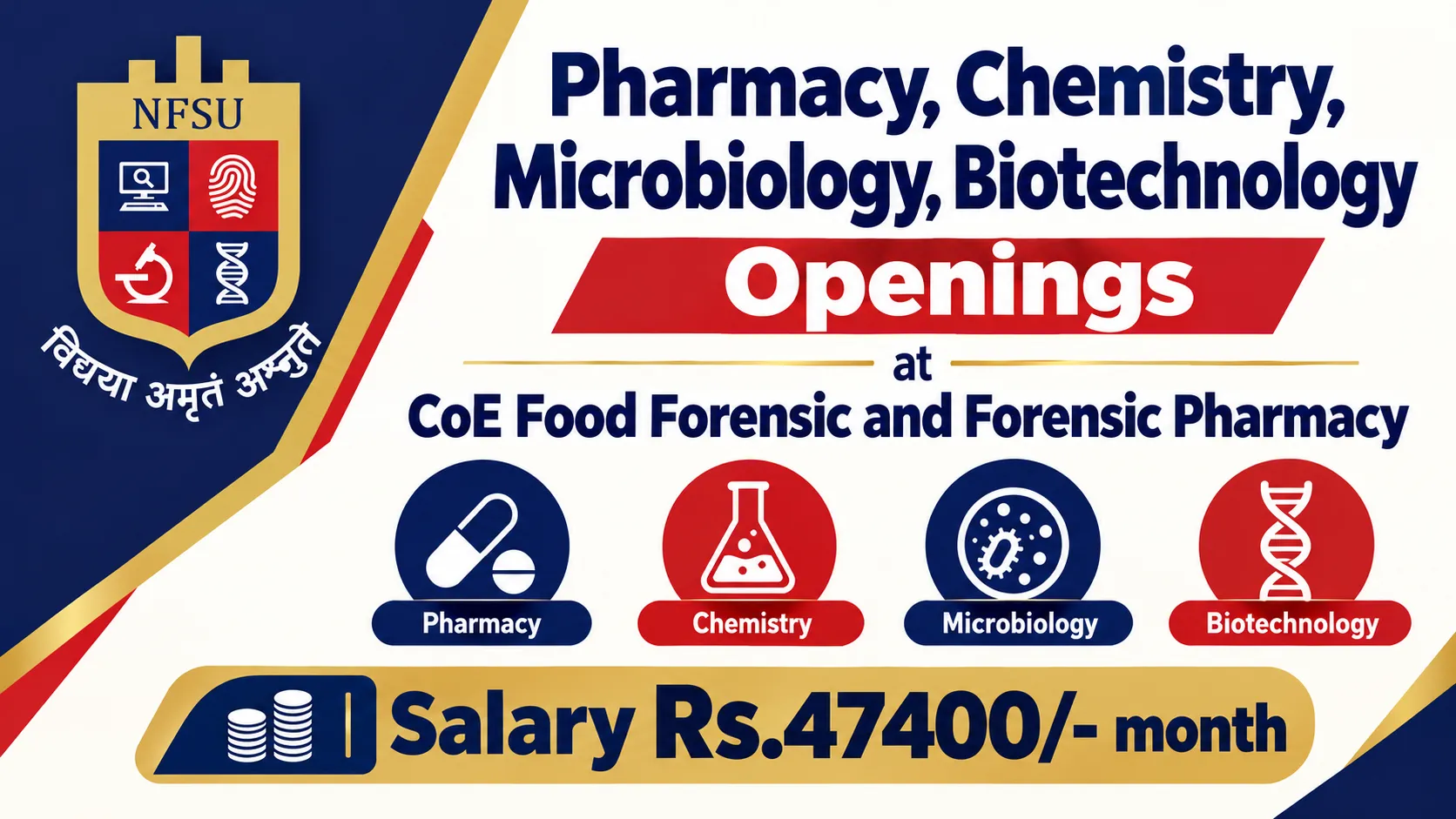Advertisement for Pharmacy, Chemistry, Microbiology, Biotechnology at NFSU