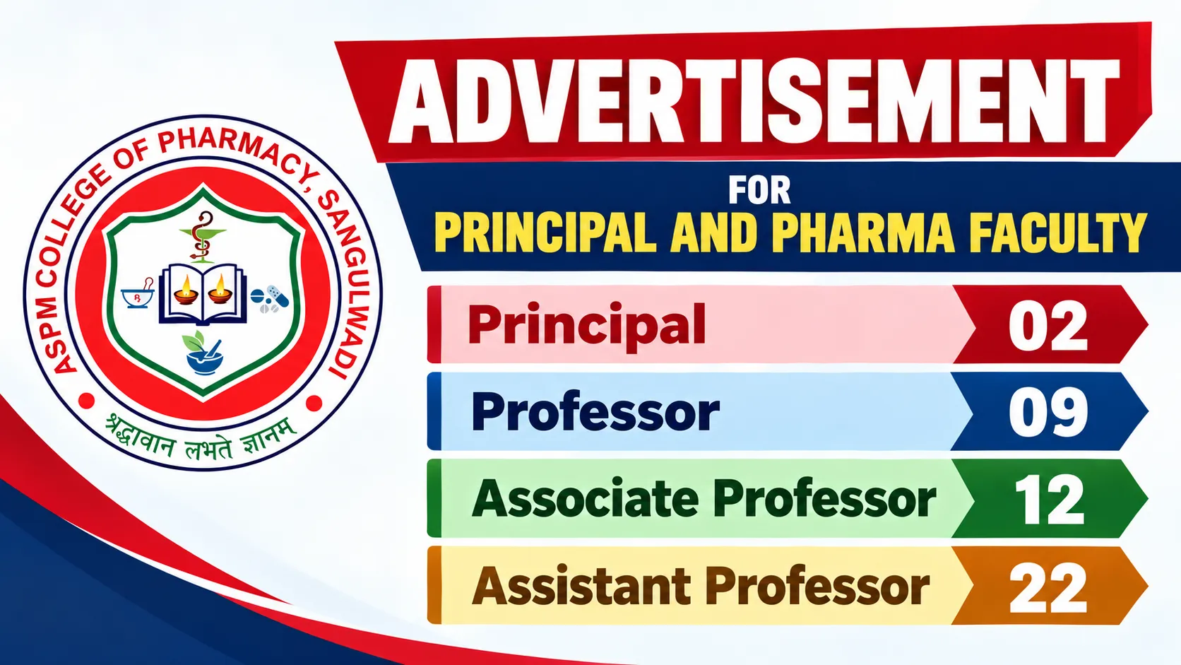 Advertisement for Principal and Pharma Faculty at ASPM College of Pharmacy
