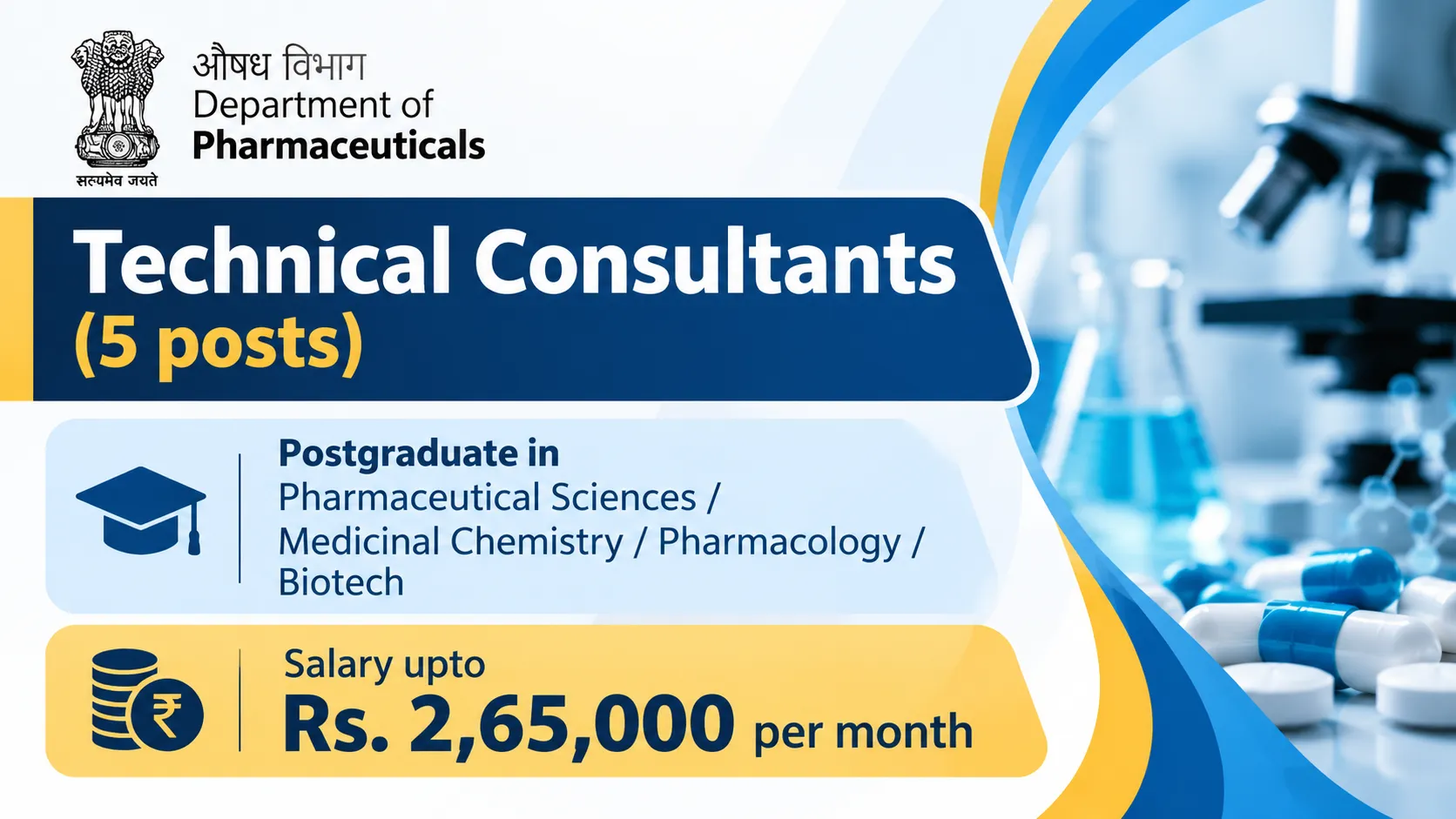 Applications invited for Technical Consultants at Department of Pharmaceuticals, Government