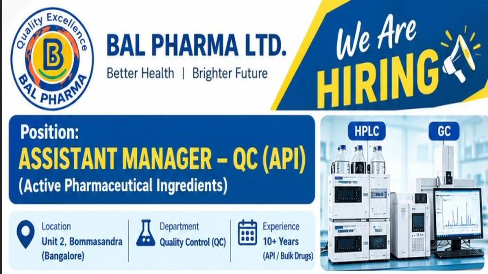 Bal Pharma looking for QC Assistant Manager
