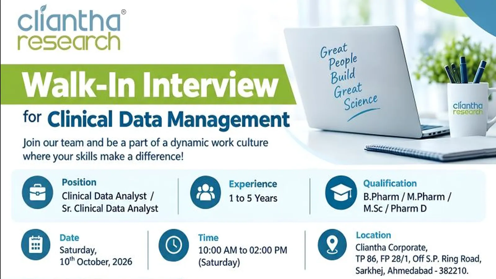 Cliantha Research Hiring Clinical Data Analyst