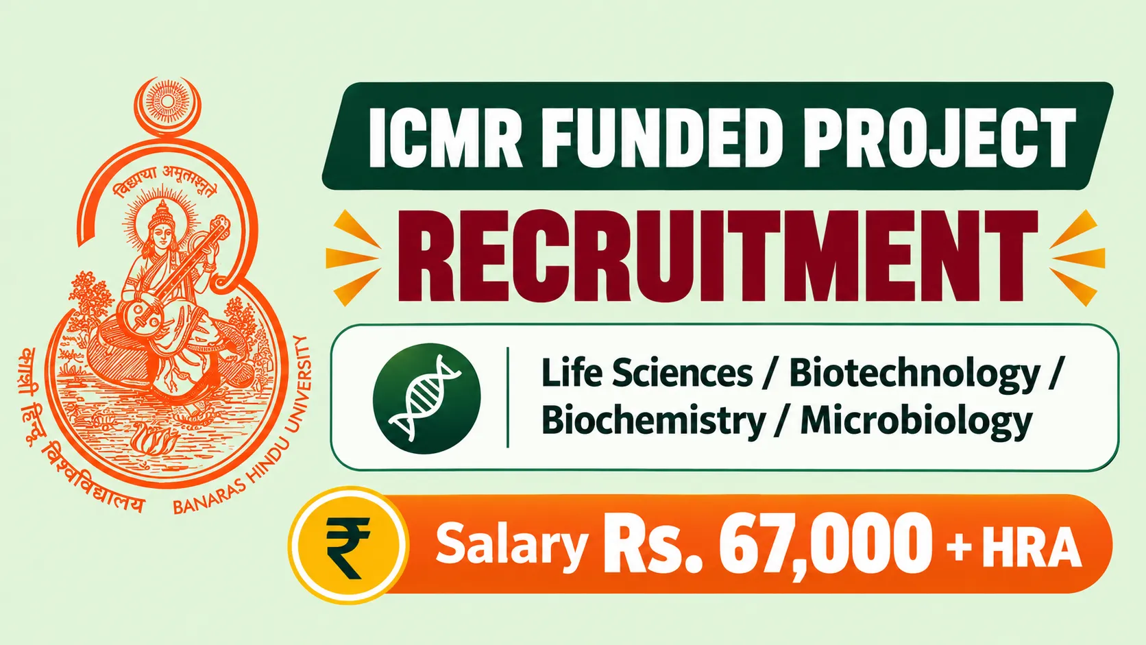 ICMR funded project Recruitment at BHU - Life Sciences / Biotechnology / Biochemistry / Microbiology apply