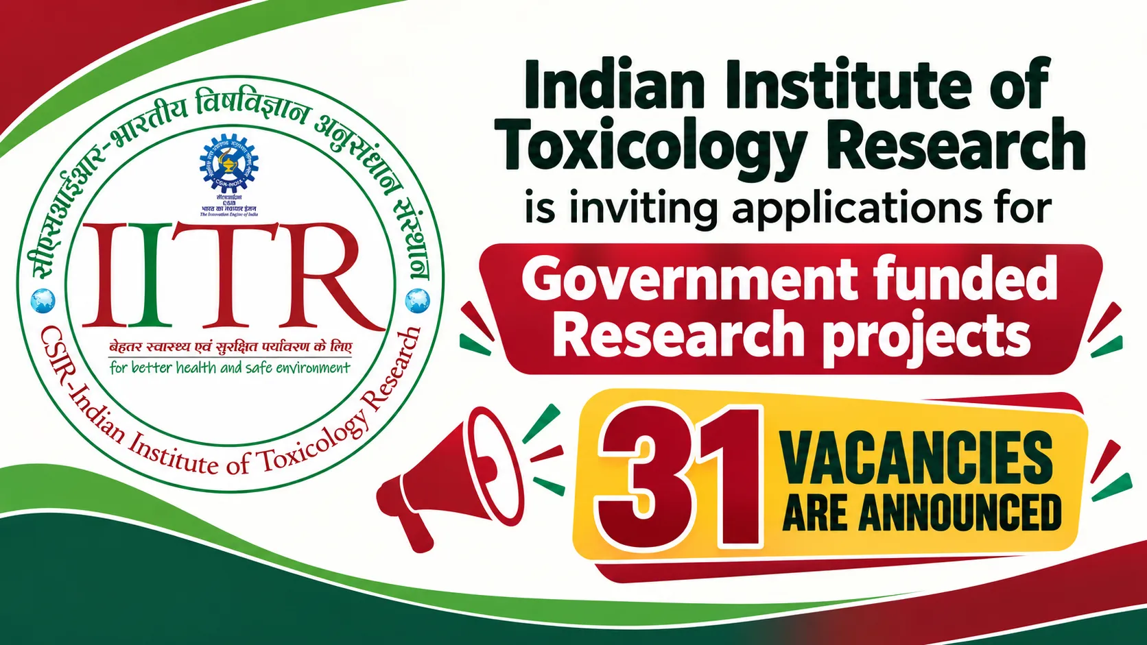 Indian Institute of Toxicology Research is inviting applications for Government funded Research projects - 31 vacancies are announced