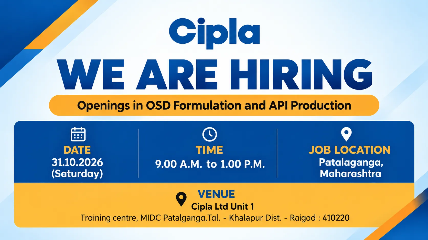 Openings in OSD Formulation and API Production at Cipla 