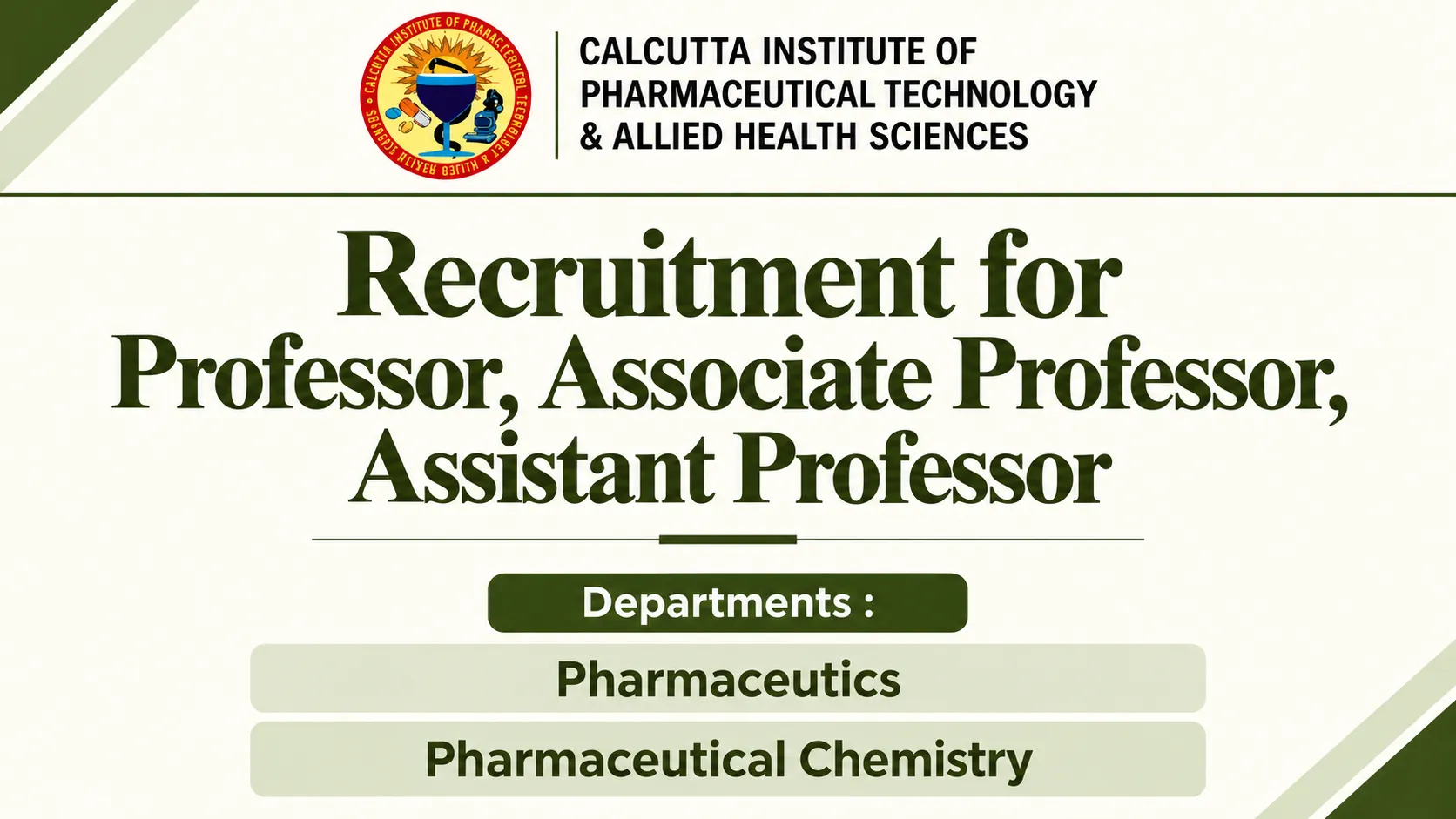 Recruitment for Professor, Associate Professor, Assistant Professor at CIPT & AHS