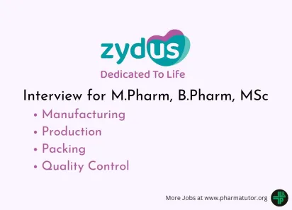 Interview for M.Pharm, B.Pharm, MSc in Manufacturing, Production, Packing, QC Department at Zydus Lifesciences