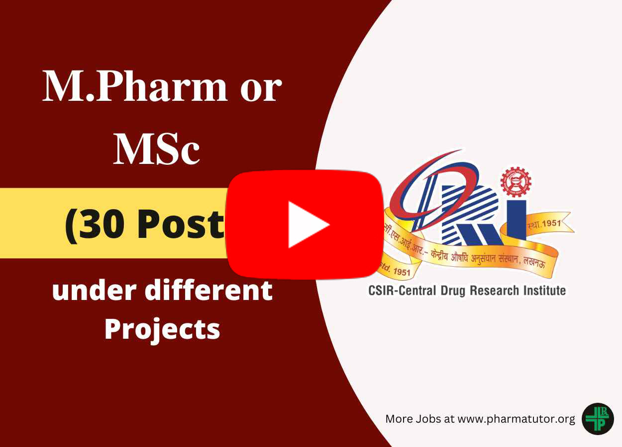 Jobs for M.Pharm, MSc under different Projects at CDRI